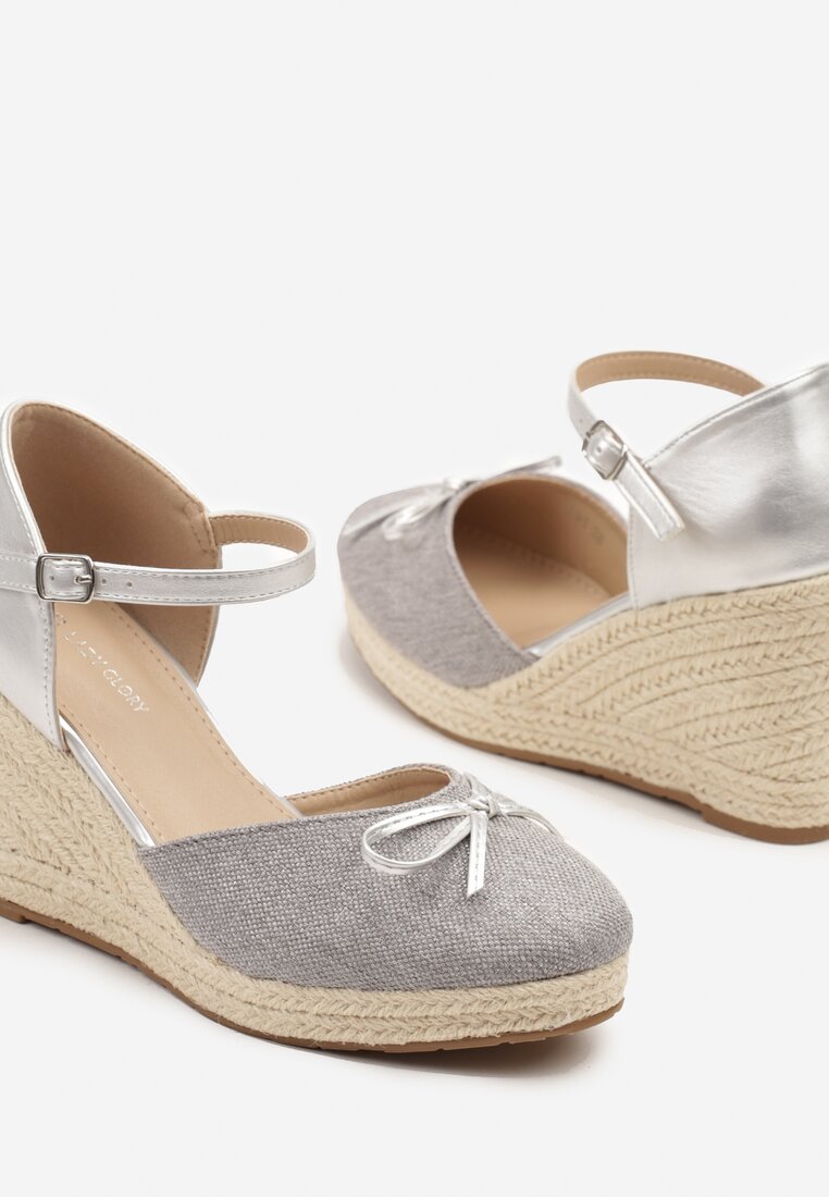 Szare Sandały z Plecionką na Koturnie w Stylu Espadryli z Kokardką Zilara