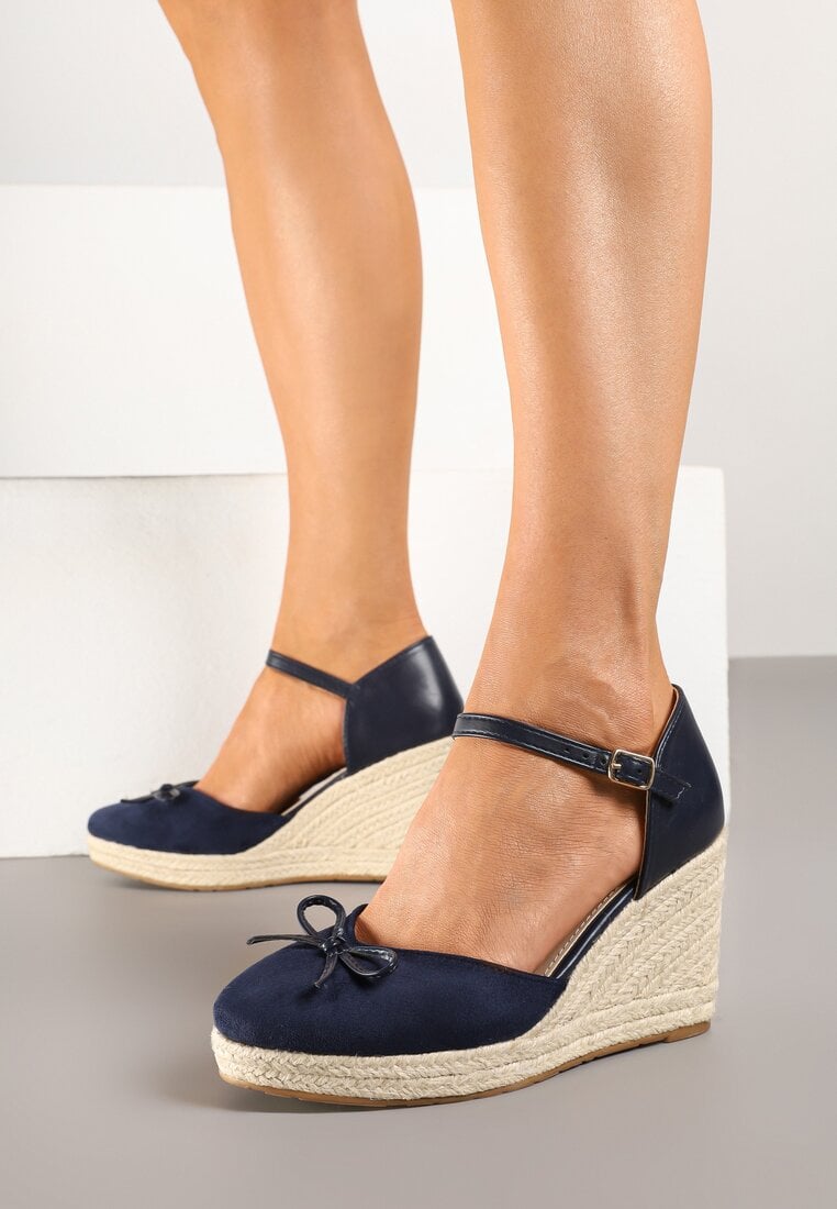 Niebieskie Sandały z Plecionką na Koturnie w Stylu Espadryli z Kokardką Zilara