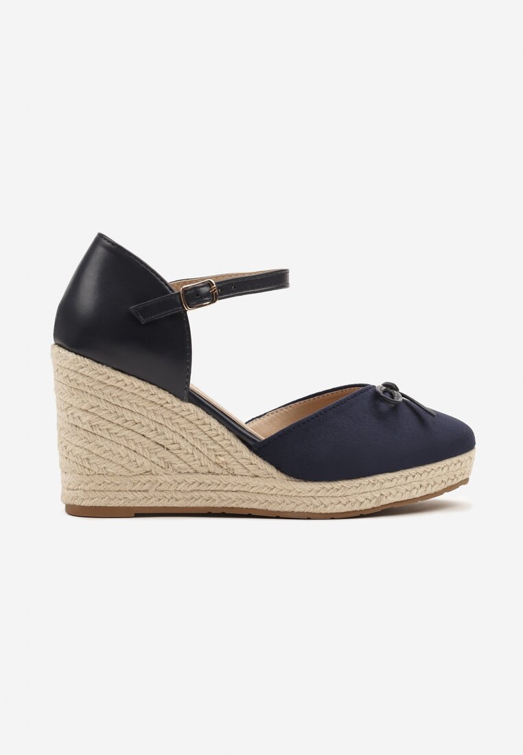 Niebieskie Sandały z Plecionką na Koturnie w Stylu Espadryli z Kokardką Zilara