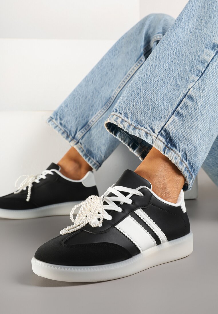 Czarne Sneakersy Typu Kultowe Tenisówki ze Zdobieniem z Perłami Nalavia