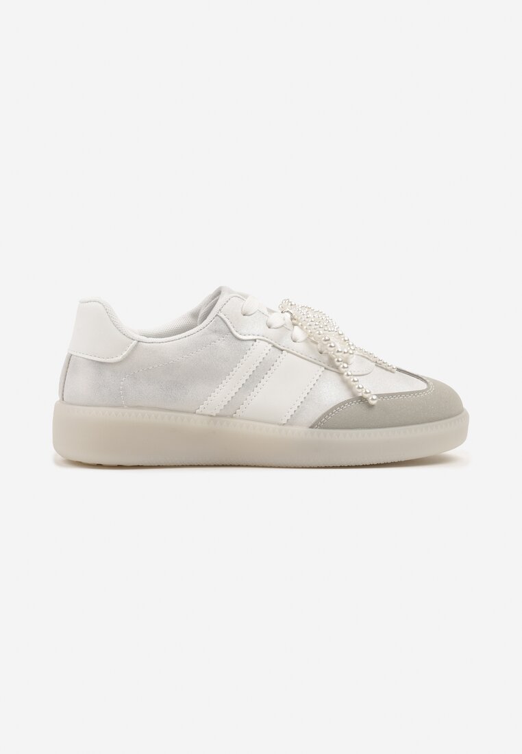 Srebrno-Szare Sneakersy Typu Kultowe Tenisówki ze Zdobieniem z Perłami Nalavia