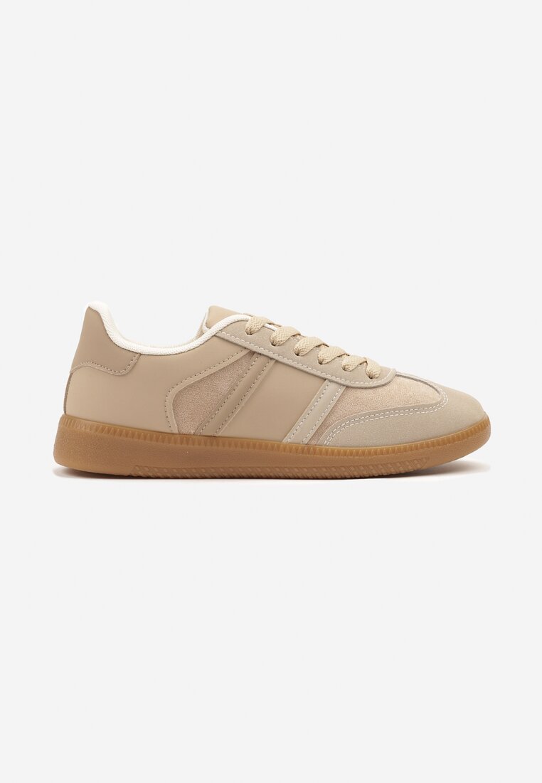 Ciemnobeżowe Sneakersy Sportowe przed Kostkę z Ozdobnymi Paskami Zonevia