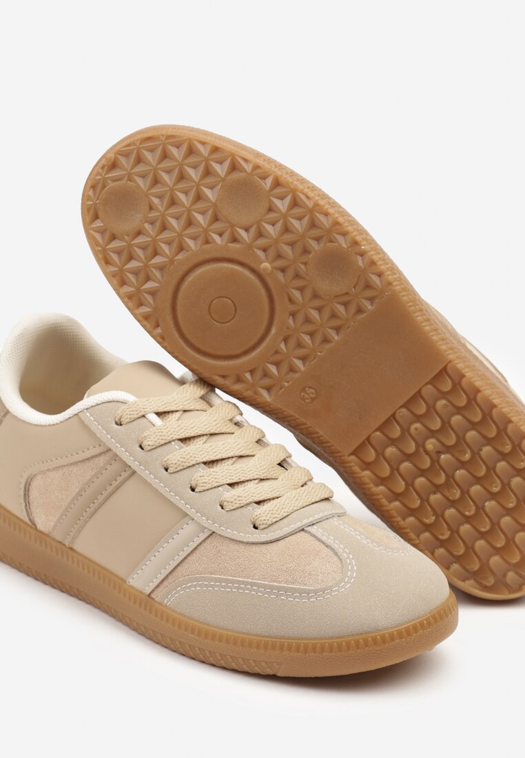 Ciemnobeżowe Sneakersy Sportowe przed Kostkę z Ozdobnymi Paskami Zonevia