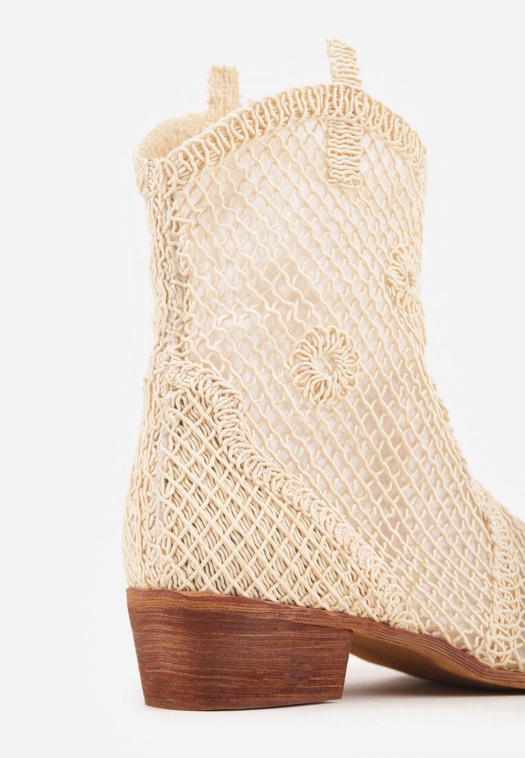 Jasnobeżowe Botki Kowbojki na Stożku ze Skórzaną Wkładką i Siateczkową Cholewką Frolozi