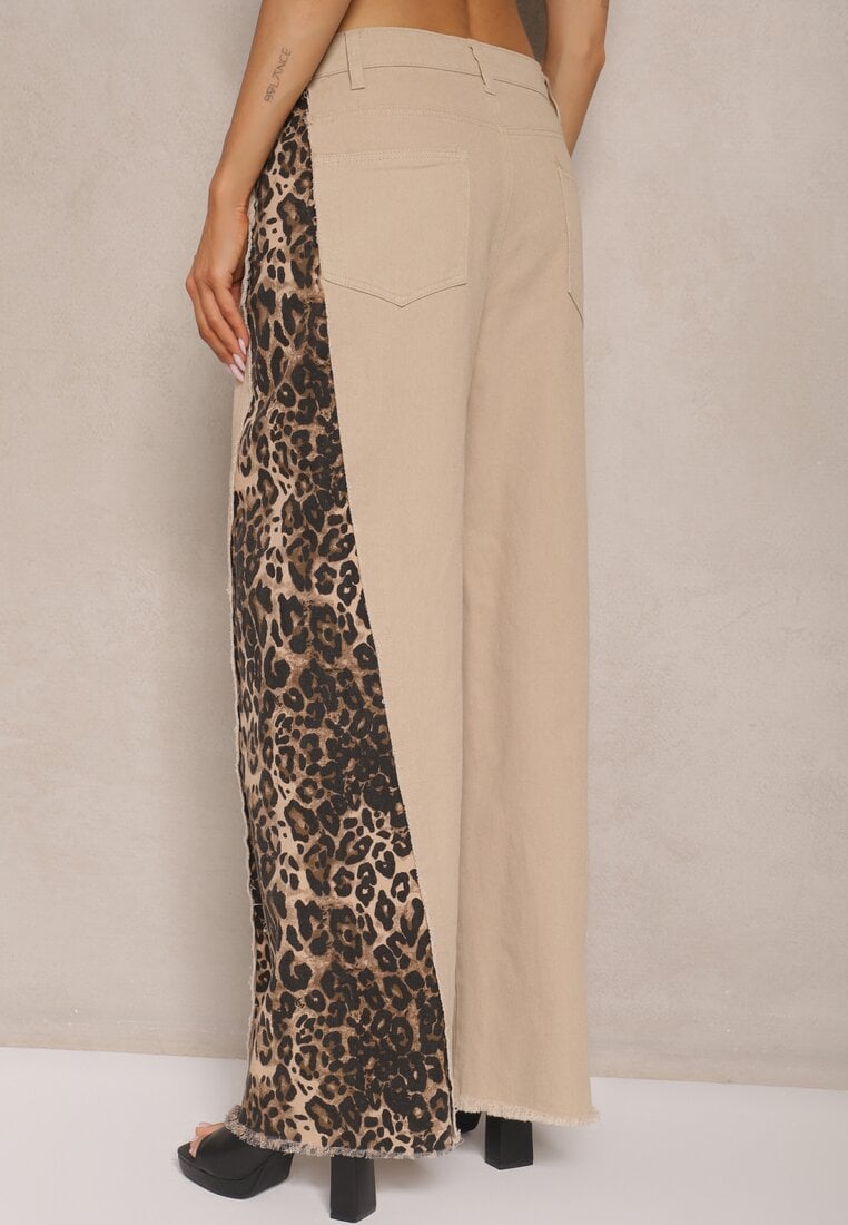 Beżowe Jeansy z Bawełny High Waist ze Wzorem Panterki Velliane