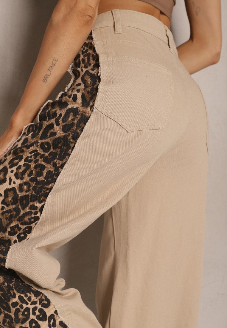 Beżowe Jeansy z Bawełny High Waist ze Wzorem Panterki Velliane