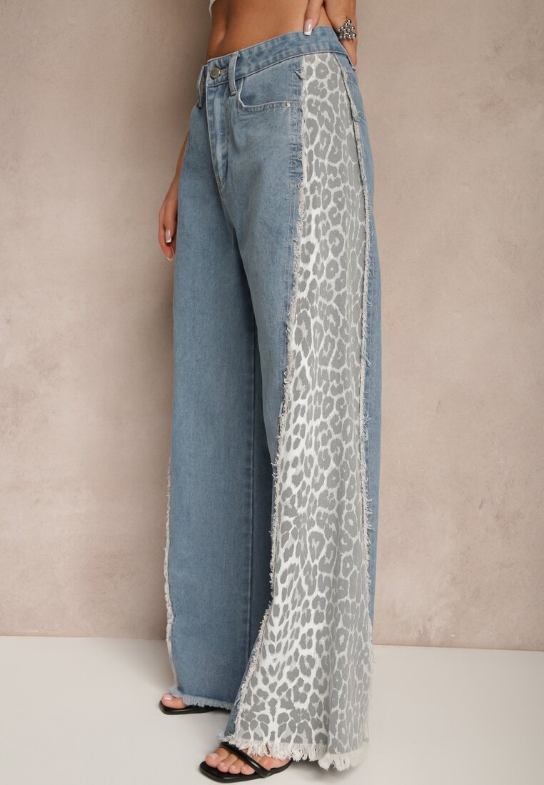 Niebieskie Jeansy z Bawełny High Waist ze Wzorem Panterki Velliane
