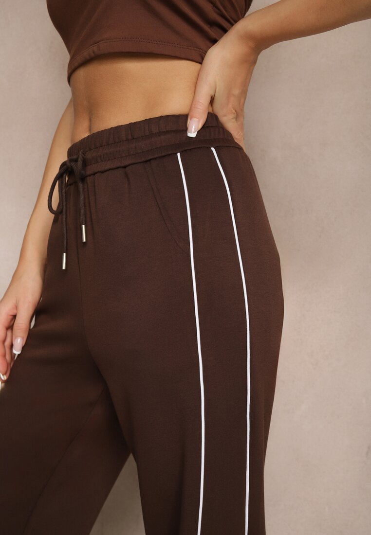 Brązowe Spodnie Dresowe z Bawełną o Szerokim Kroju High Waist z Paskami Salliara