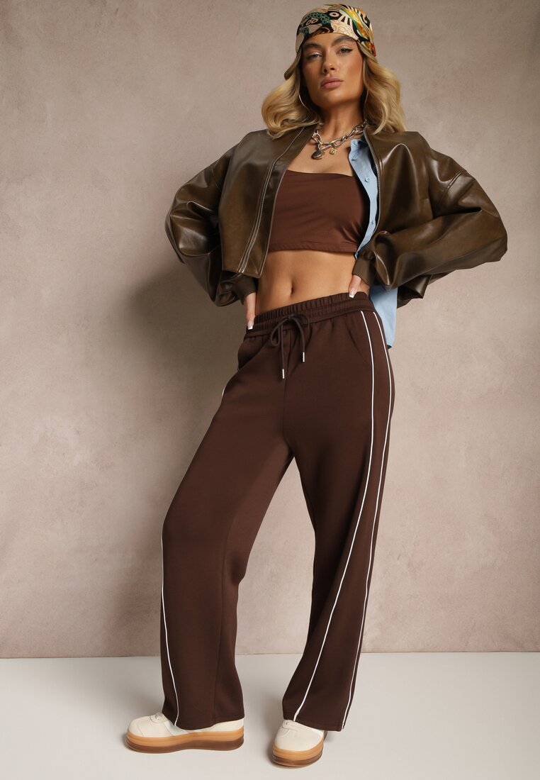 Brązowe Spodnie Dresowe z Bawełną o Szerokim Kroju High Waist z Paskami Salliara