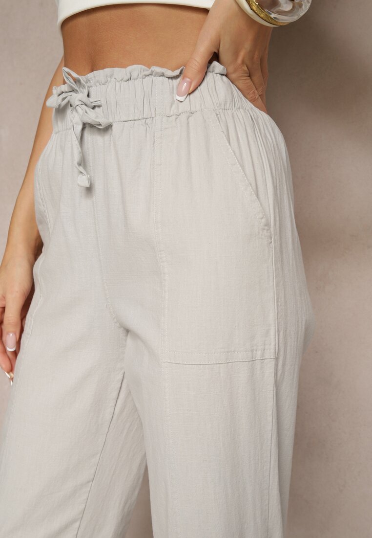 Jasnoszare Spodnie z Bawełny High Waist z Wiązaniem Tyswia