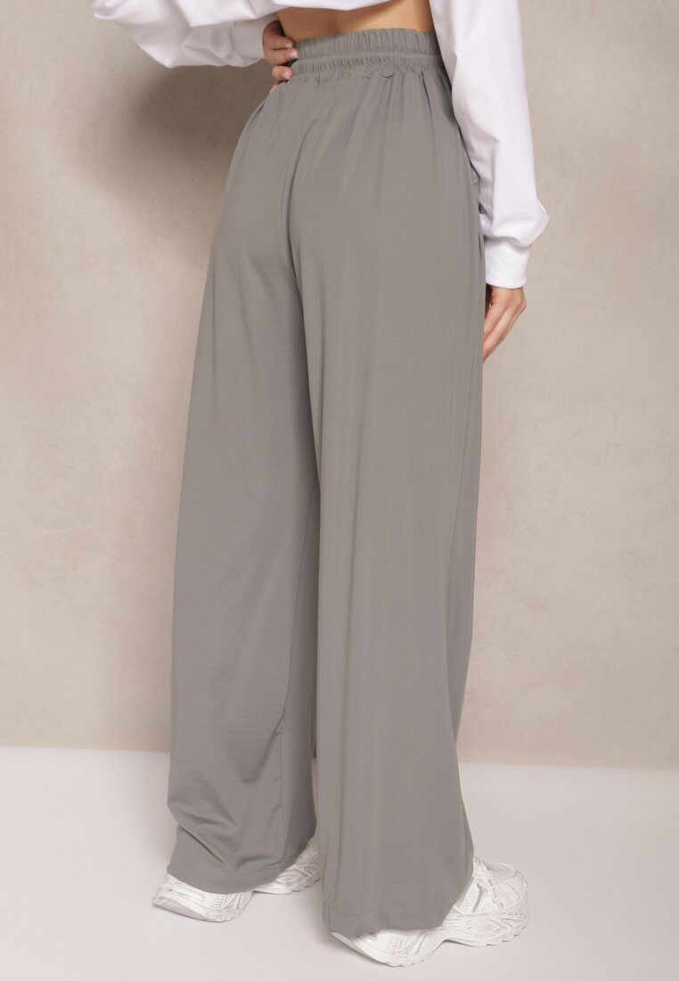 Ciemnoszare Spodnie z Wiskozą o Szerokim Kroju High Waist z Wiązaniem Ellivartia