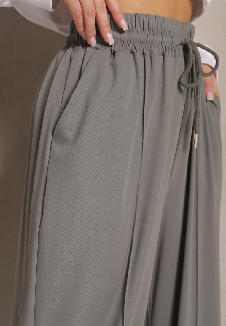 Ciemnoszare Spodnie z Wiskozą o Szerokim Kroju High Waist z Wiązaniem Ellivartia