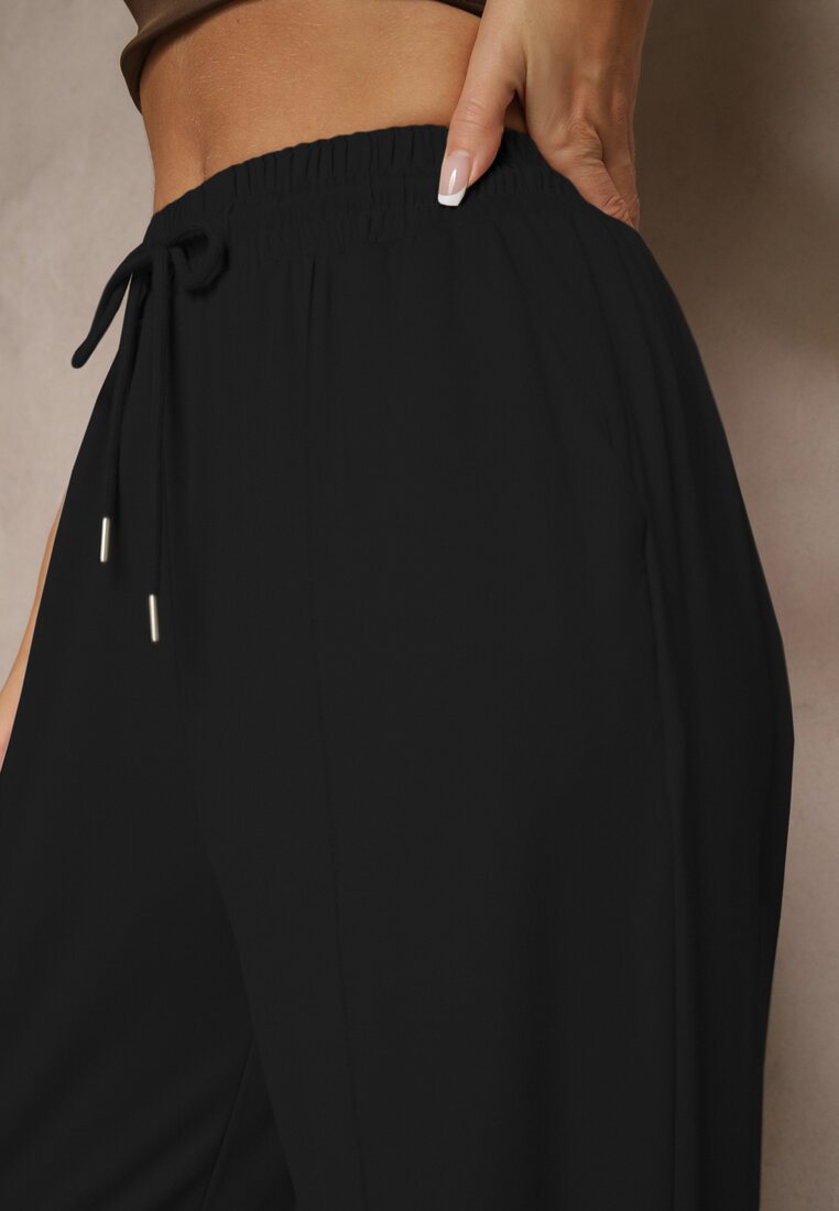 Czarne Spodnie z Wiskozą o Szerokim Kroju High Waist z Wiązaniem Ellivartia