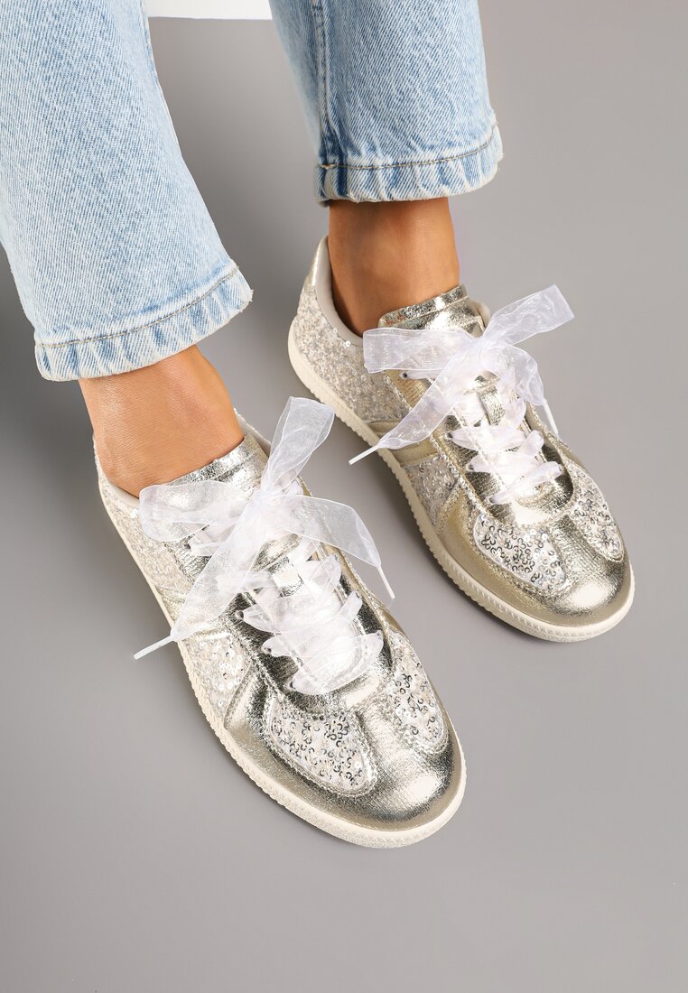Złote Cekinowe Sneakersy z Wkładką ze Skóry Naturalnej Polwia