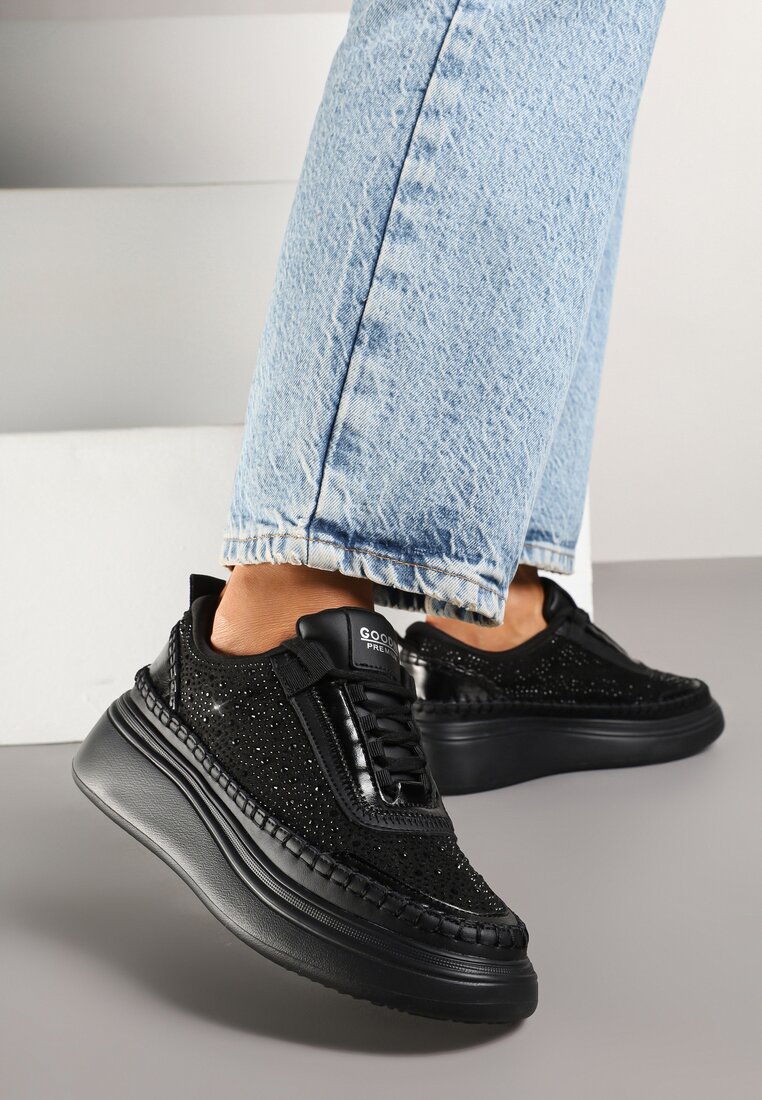 Czarne Sneakersy na Platformie z Wkładką ze Skóry Naturalnej z Cyrkoniami Arvisne
