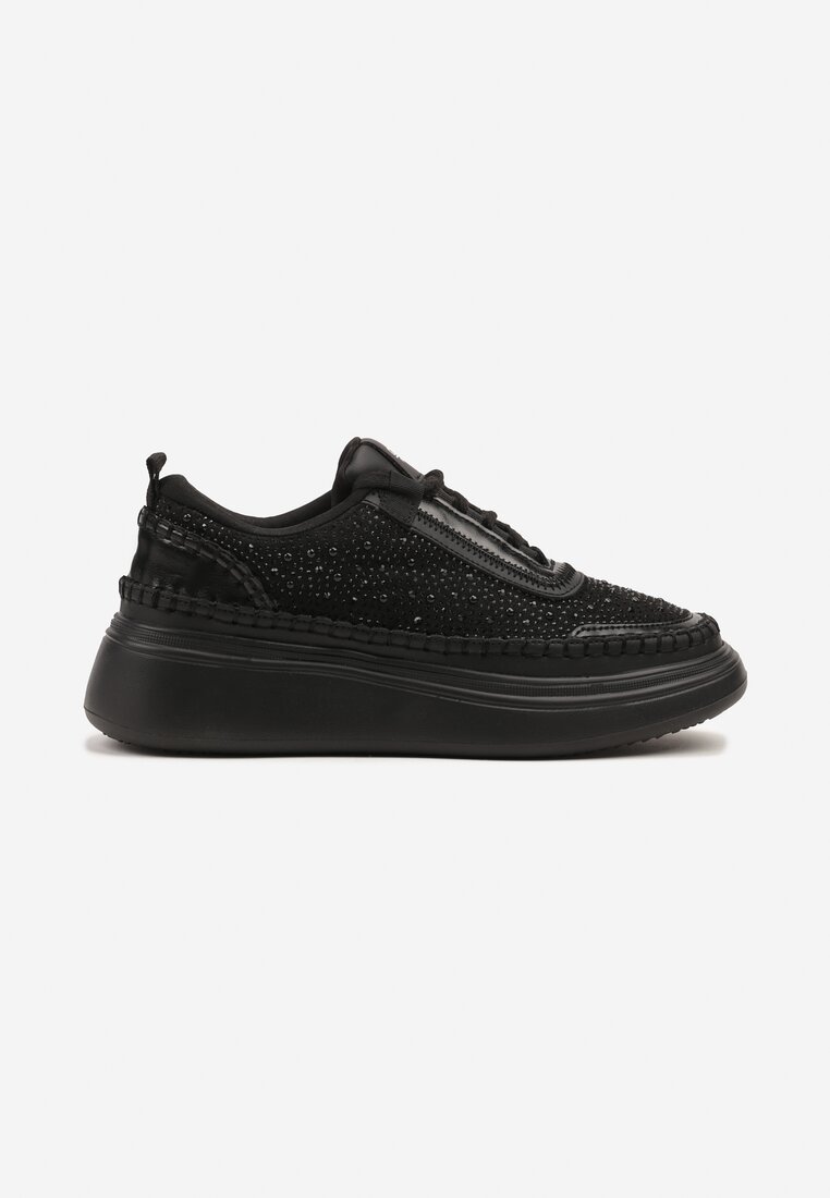 Czarne Sneakersy na Platformie z Wkładką ze Skóry Naturalnej z Cyrkoniami Arvisne