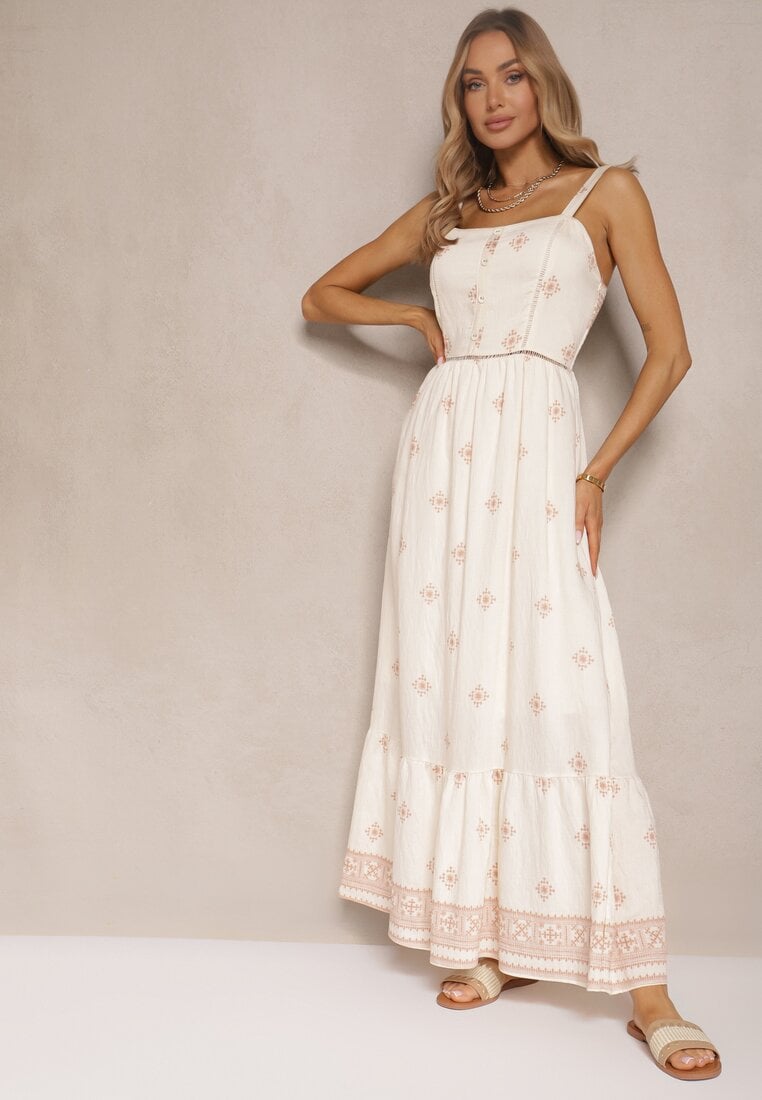 Beżowa Sukienka z Wiskozą o Rozkloszowanym Kroju na Ramiączkach w Boho Print Leaella