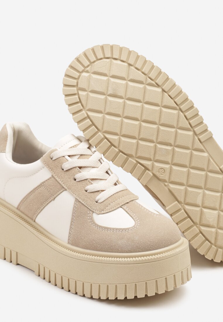 Beżowe Sneakersy na Platformie Ozdobione Paskiem Vivesse