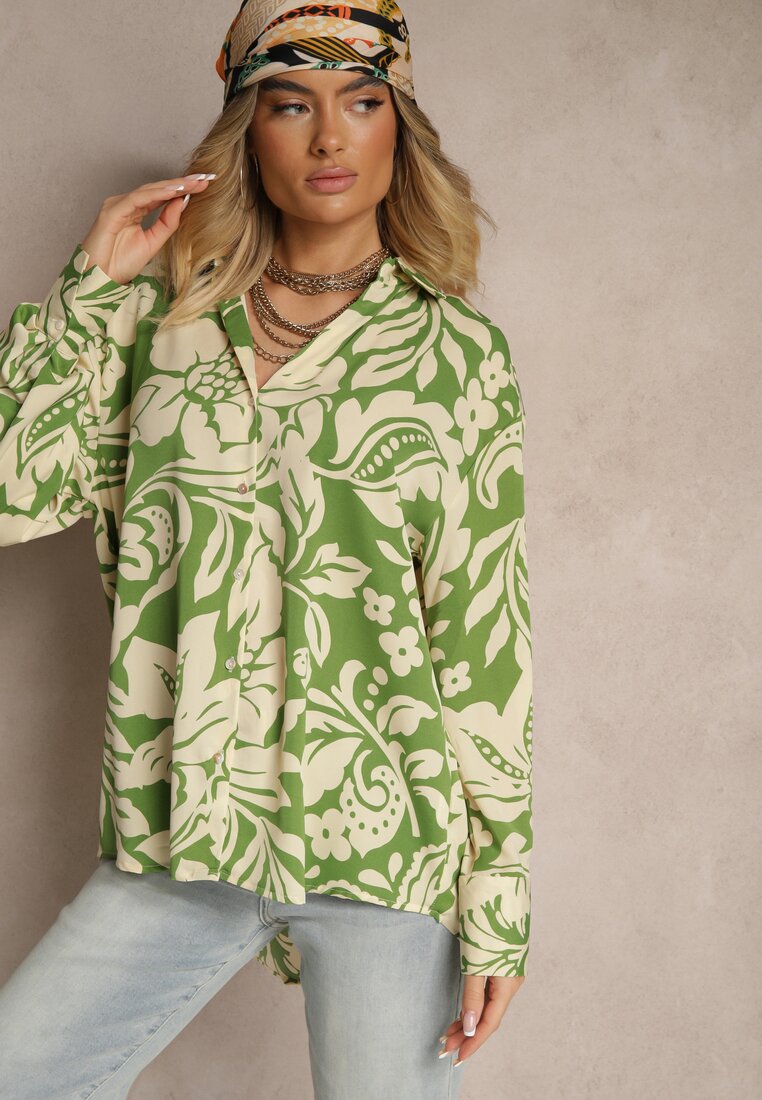 Zielona Koszula Oversize w Kwiatowy Print Boinea