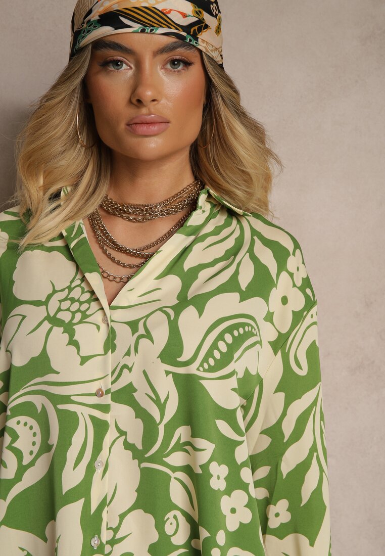 Zielona Koszula Oversize w Kwiatowy Print Boinea