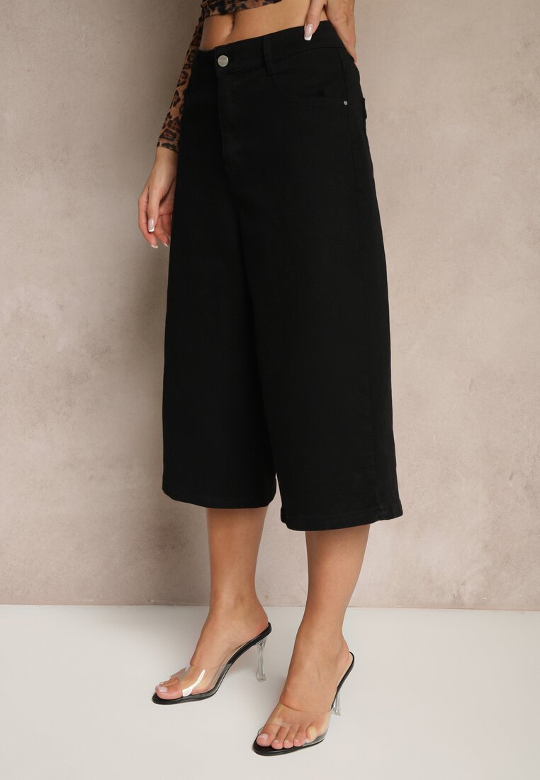 Czarne Szorty Jeansowe High Waist Typu Bermudy Baggy Sonallea
