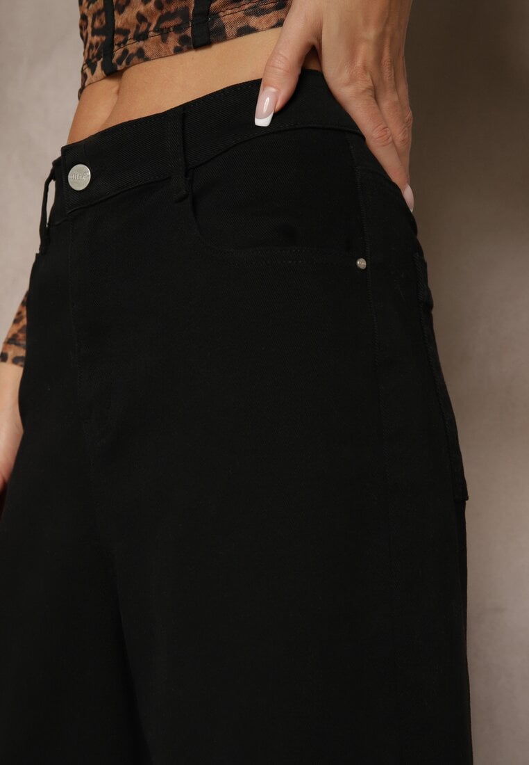 Czarne Szorty Jeansowe High Waist Typu Bermudy Baggy Sonallea