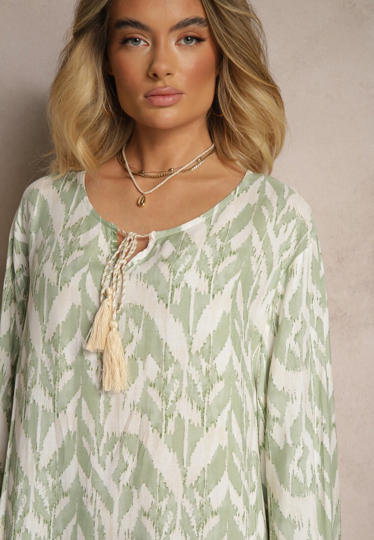Zielona Wiskozowa Sukienka z Printem w Stylu Boho z Chwostami Erianea