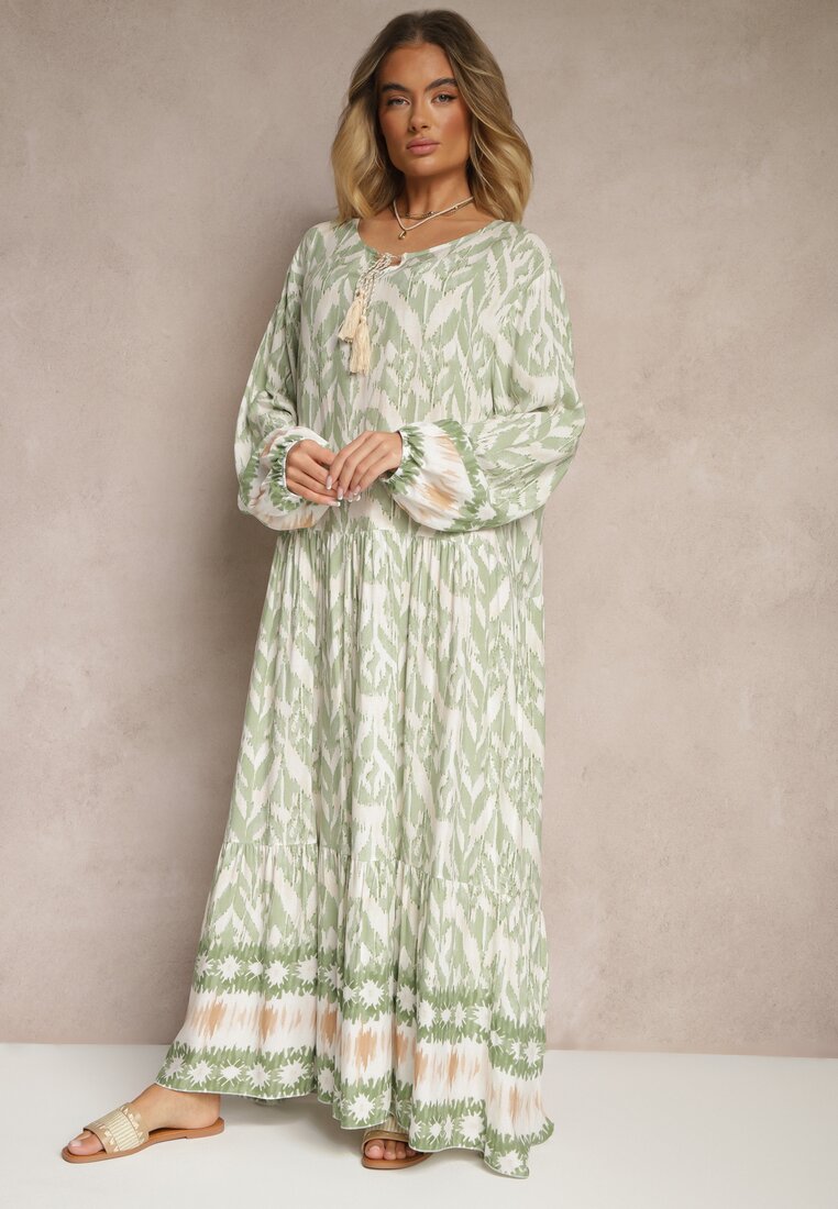 Zielona Wiskozowa Sukienka z Printem w Stylu Boho z Chwostami Erianea