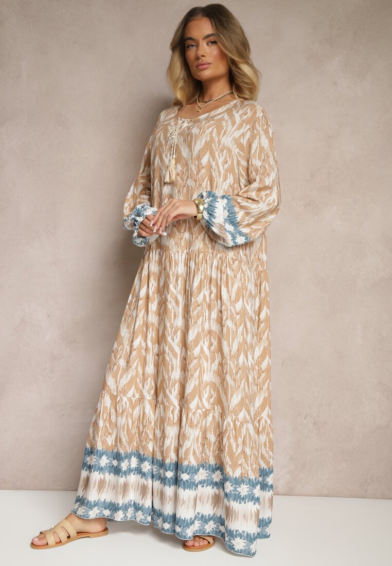 Beżowa Wiskozowa Sukienka z Printem w Stylu Boho z Chwostami Erianea