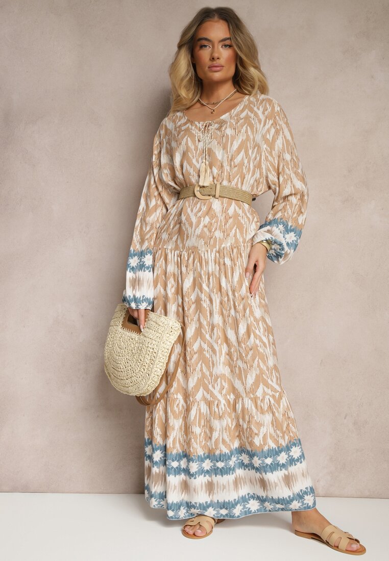 Beżowa Wiskozowa Sukienka z Printem w Stylu Boho z Chwostami Erianea