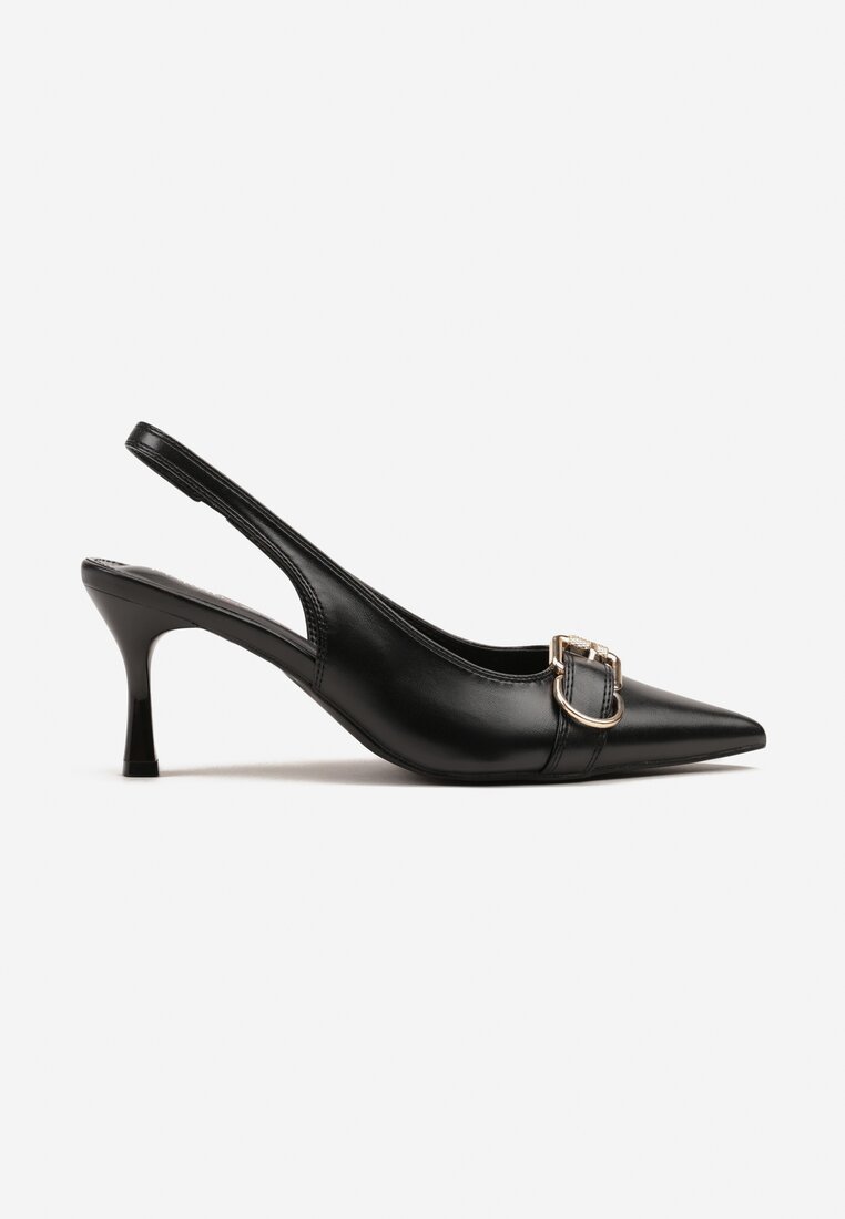 Czarne Sandały na Szpilce Slingback Ozdobione Metaliczną Klamrą Zeornna