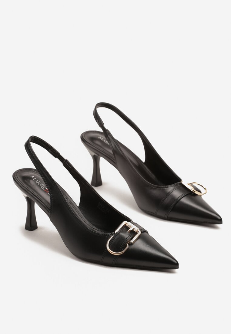 Czarne Sandały na Szpilce Slingback Ozdobione Metaliczną Klamrą Zeornna