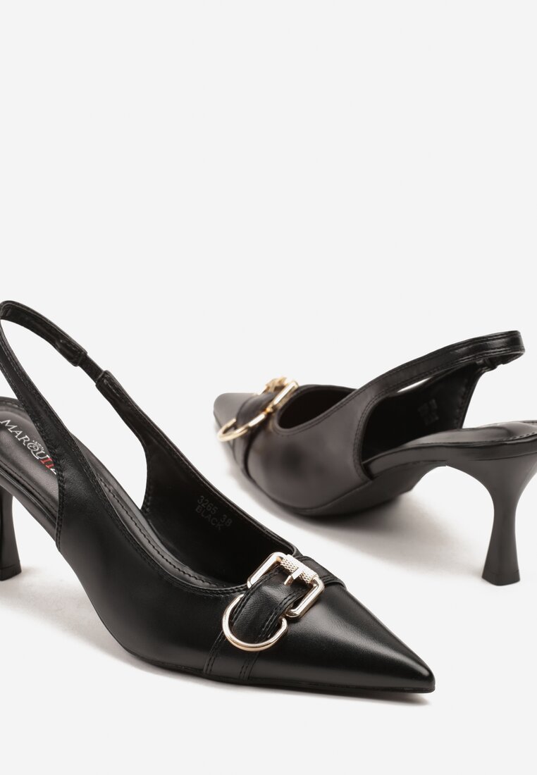 Czarne Sandały na Szpilce Slingback Ozdobione Metaliczną Klamrą Zeornna