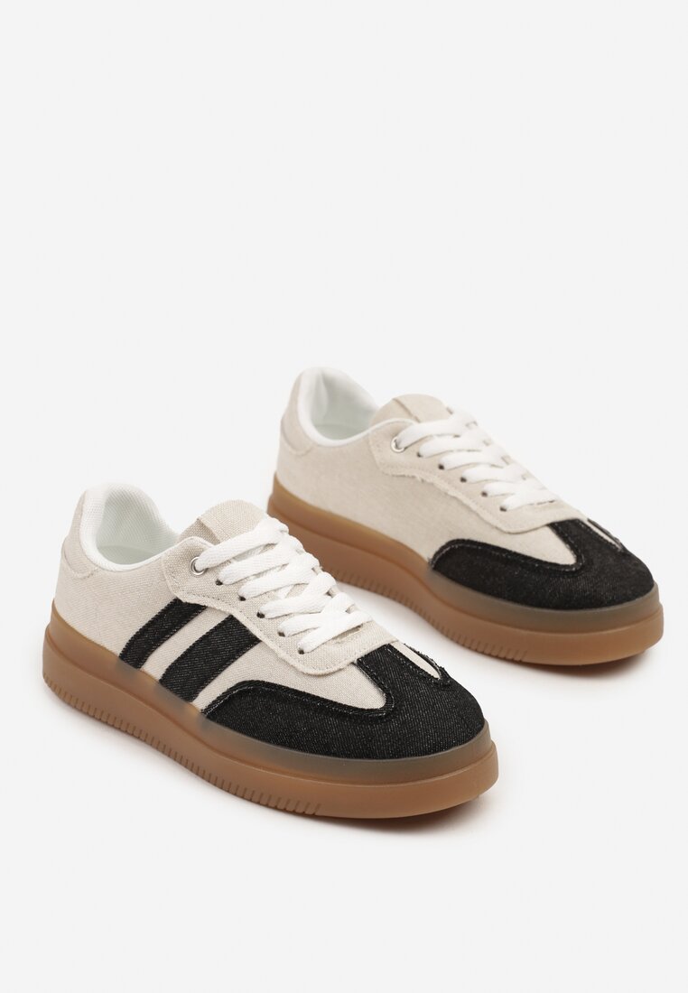 Czarno-Beżowe Sneakersy Tenisówki Ozdobione Paskami Falaviela
