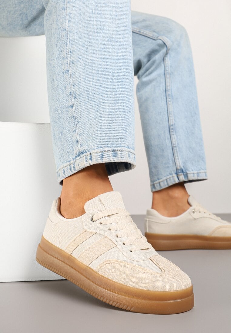 Beżowe Sneakersy Tenisówki Ozdobione Paskami Falaviela