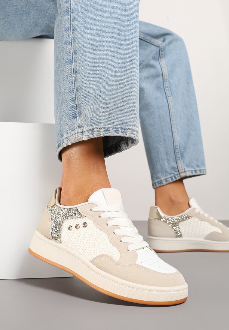 Beżowe Streetwearowe Sneakersy Zdobione Przeszyciami Neonisea