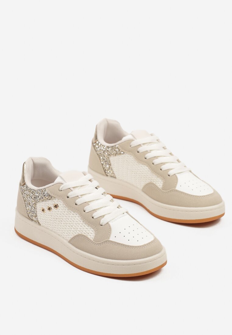 Beżowe Streetwearowe Sneakersy Zdobione Przeszyciami Neonisea