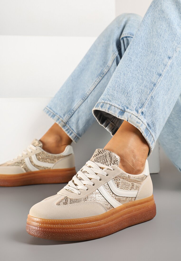 Beżowe Wężowe Sneakersy Typu Kultowe Tenisówki na Niskiej Platformie Olritia