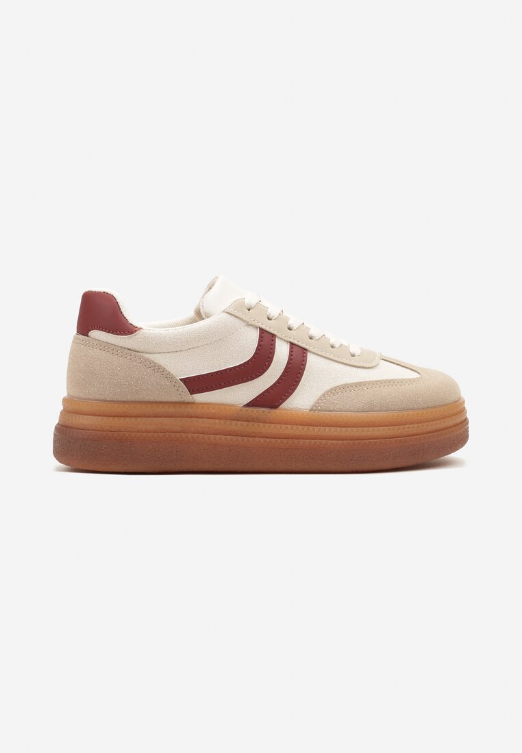 Beżowo-Bordowe Sneakersy Typu Kultowe Tenisówki na Niskiej Platformie Olritia
