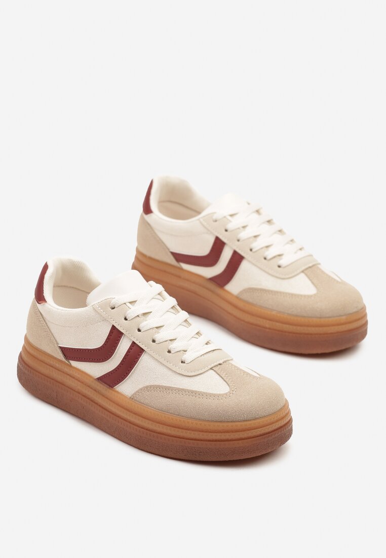 Beżowo-Bordowe Sneakersy Typu Kultowe Tenisówki na Niskiej Platformie Olritia