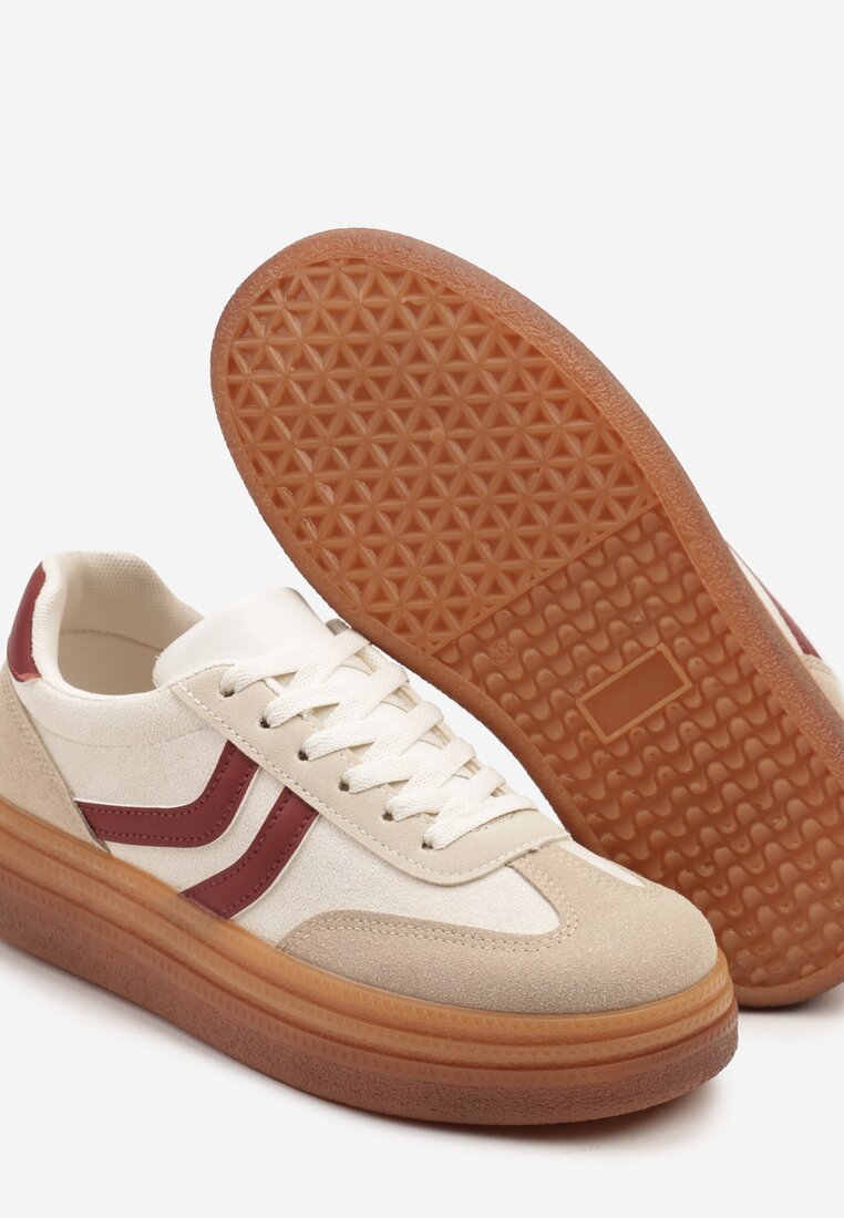 Beżowo-Bordowe Sneakersy Typu Kultowe Tenisówki na Niskiej Platformie Olritia