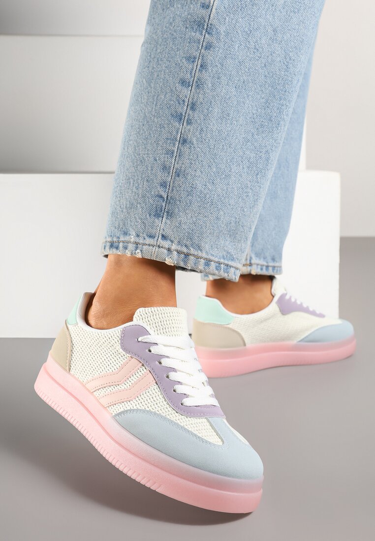 Różowo-Niebieskie Sneakersy Tenisówki Ozdobione Paskami Falovinia