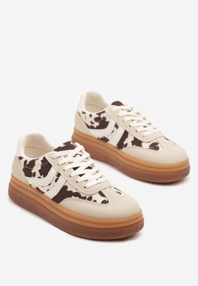 Beżowo-Brązowe Sneakersy Tenisówki Ozdobione Wzorem w Łaty Polliane