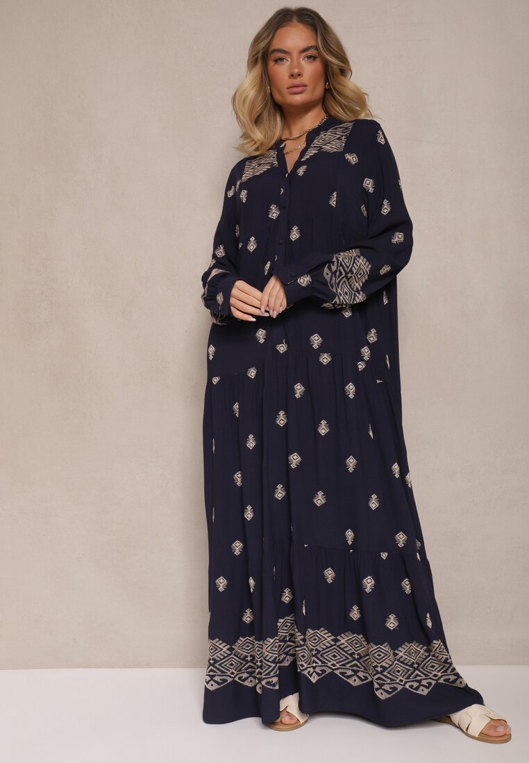 Niebieska Rozkloszowana Sukienka Ozdobiona Haftem i Wzorem Boho Ronavere