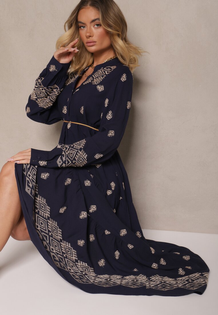Niebieska Rozkloszowana Sukienka Ozdobiona Haftem i Wzorem Boho Ronavere