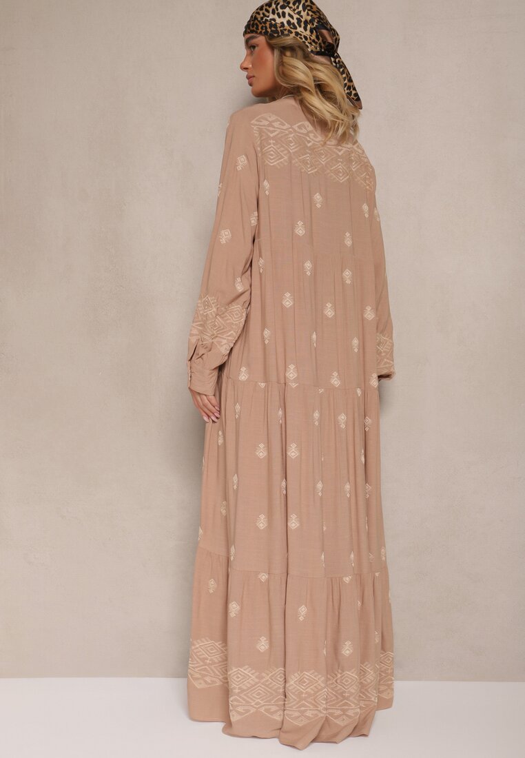 Jasnobeżowa Rozkloszowana Sukienka Ozdobiona Haftem i Wzorem Boho Ronavere