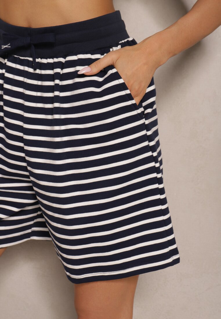 Granatowe Bawełniane Szorty High Waist w Paski Ridiaress