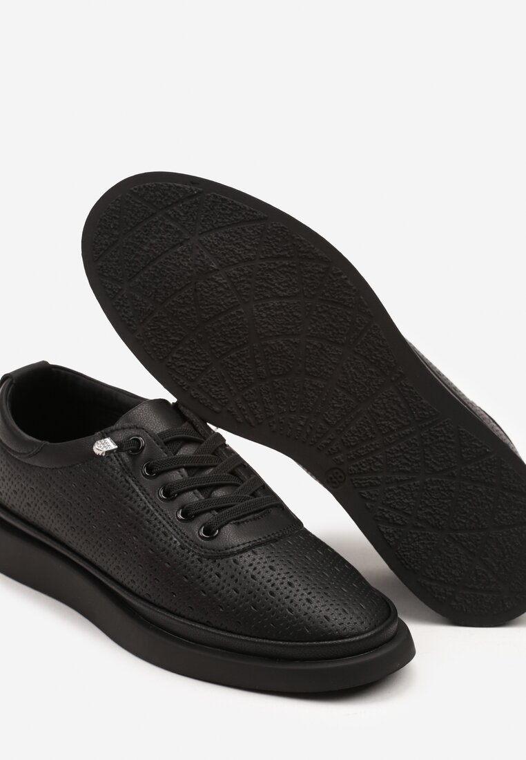 Czarne Sneakersy Skórzane z Perforacją i Ozdobą Neorielina