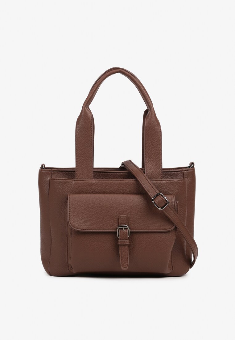 Brązowa Torebka Typu Shopper z Klamerką i Dodatkowym Paskiem Crossbody Kolarienna