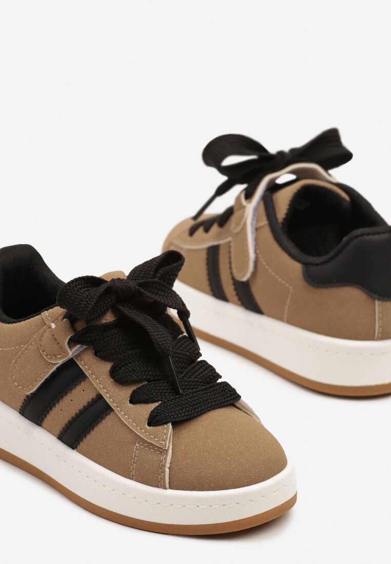 Ciemnobeżowe Buty Sportowe Streetwearowe Tenisówki z Szerokimi Sznurówkami Silriti